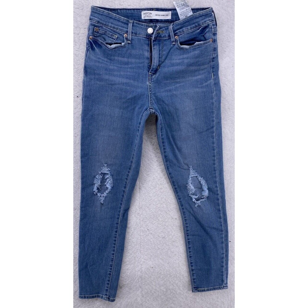 Signature Levis Women's 6  w28 Mid Rise Skinny Cropped Jeans Rip Torn Threshed